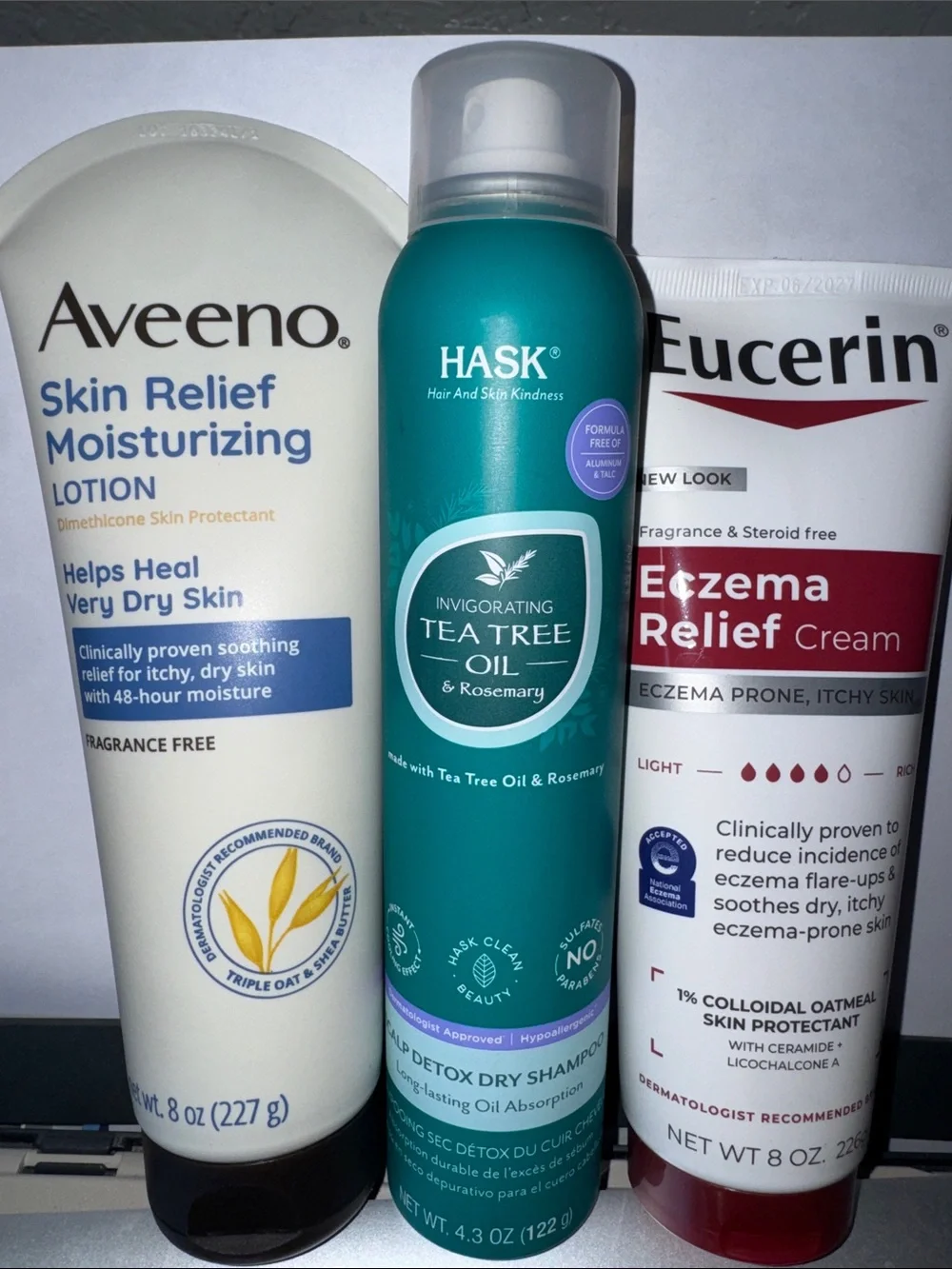 HASK Invigorating Tea Tree Oil & Rosemary Dry + Aveeno | very dry skin + Eucerin
